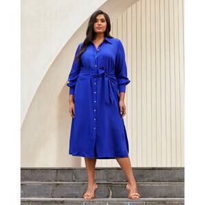 NWT Estelle Monaco Long Sleeve Tie Waist Cobalt Blue Midi Dress Size 2X